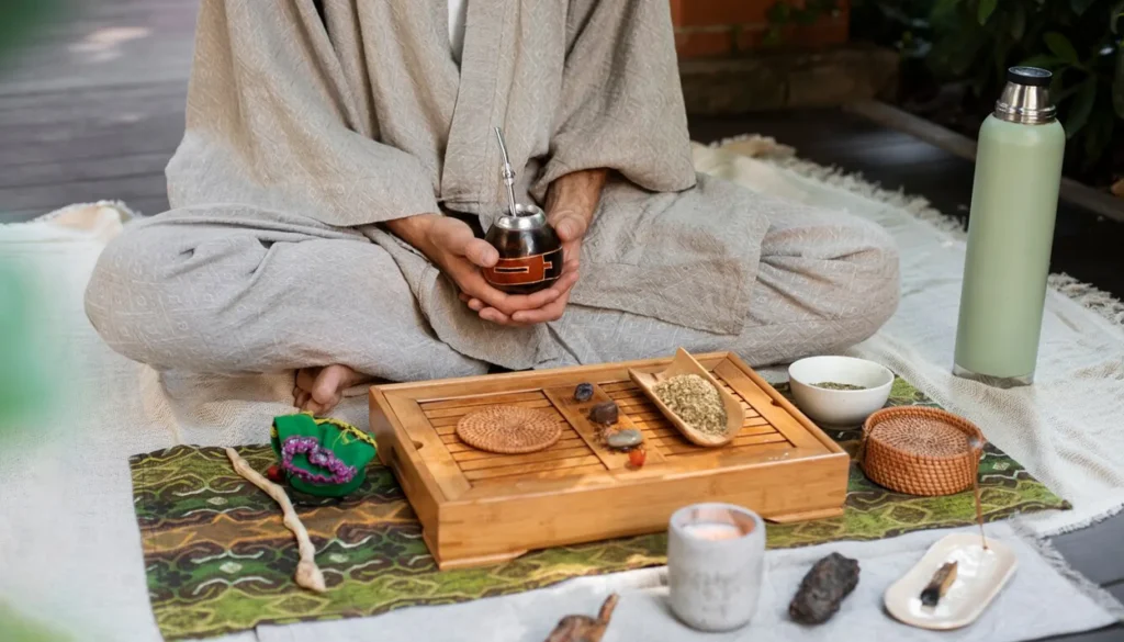A person in a gray robe sits cross-legged, holding a mate cup, surrounded by herbal items and a candle on a patterned cloth.
