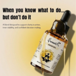 Swastik Manipura solar plexus chakra oil bottle with message about clarity in action and confident decision making