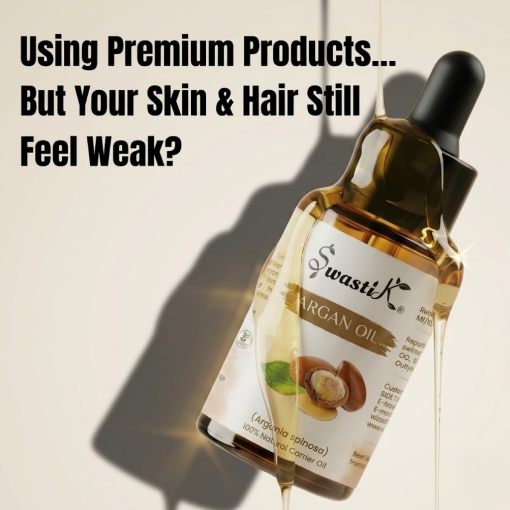 Moroccan argan oil bottle for skin and hair strength with premium skincare positioning in India
