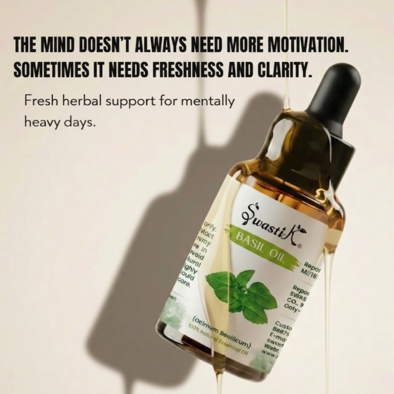 Swastik Basil Essential Oil bottle with fresh herbal wellness messaging focused on mental clarity, freshness, focus, and emotionally uplifting aromatherapy routines.