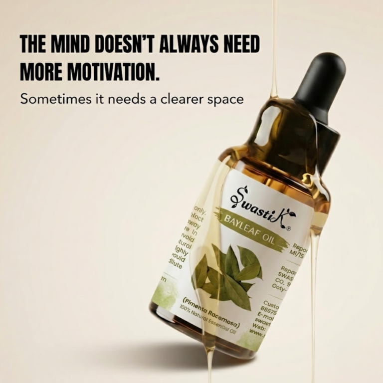 Discover Swastik Bay Leaf Essential Oil for fresh diffuser blends, mentally refreshing spaces, and clarity-focused wellness routines.