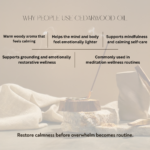 Benefits of Swastik Cedarwood Essential Oil including grounding aromatherapy, meditation rituals, calming diffuser wellness, and restorative self-care practices.