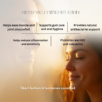 Clove oil benefits including muscle relief, gum care, antibacterial support, and relaxation