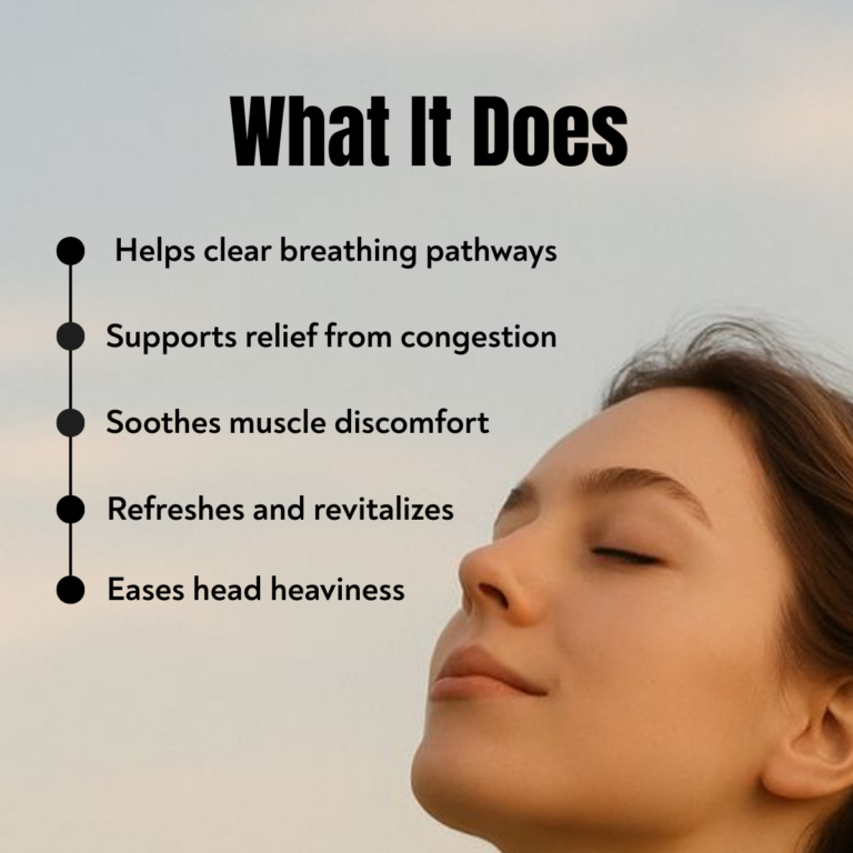 Eucalyptus oil benefits including clearing breathing pathways easing congestion reducing head heaviness and refreshing the body