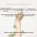 Benefits of Swastik Marjoram Essential Oil including calming aromatherapy, comforting massage rituals, emotional balance, and restorative self-care practices.