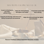 Benefits of Swastik Pine Needle Essential Oil including grounding aromatherapy, refreshing diffuser rituals, steam wellness practices, and restorative self-care routines.