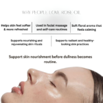Rose essential oil usage guide showing facial massage, evening skincare ritual, and calming bath applications for nourished-looking skin.