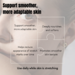Skincare benefits graphic showing improved skin texture, hydration, elasticity, and reduced appearance of stretch marks