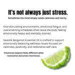 Botanical wellness educational creative explaining how stress, emotional fatigue, and overstimulation affect calmness and positivity using bergamot essential oil.