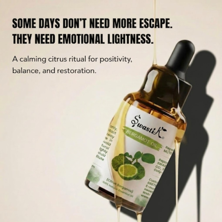 Premium Swastik Bergamot Essential Oil bottle styled in luxury citrus wellness aesthetics for emotional balance, uplifting aromatherapy, and calming self-care rituals.