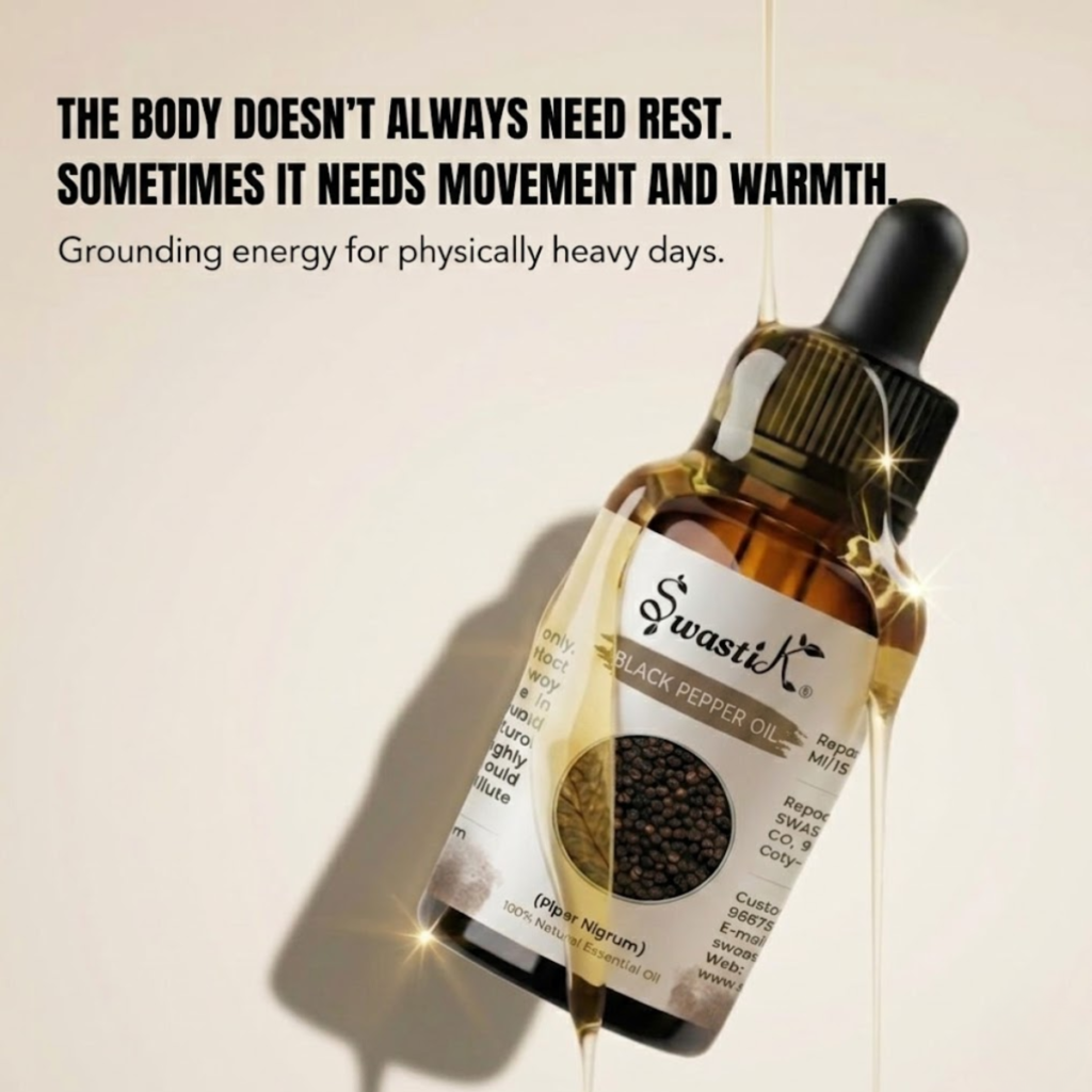 Discover Swastik Black Pepper Essential Oil for warming wellness routines, grounding energy, and movement-focused self-care.