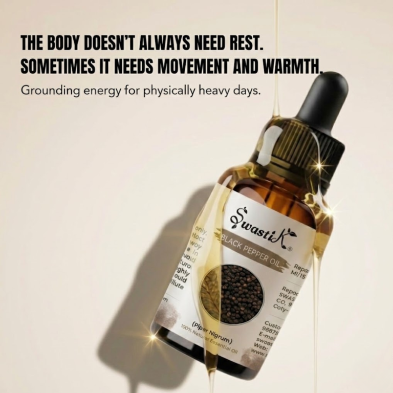 Discover Swastik Black Pepper Essential Oil for warming wellness routines, grounding energy, and movement-focused self-care.