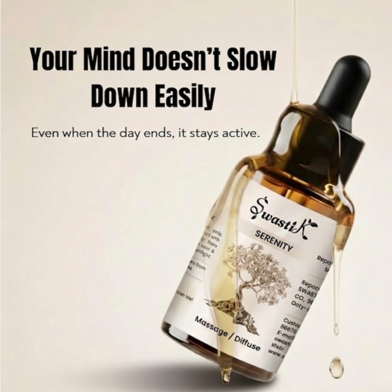 serenity essential oil bottle with calming candle smoke showing relaxation and stress relief for better sleep