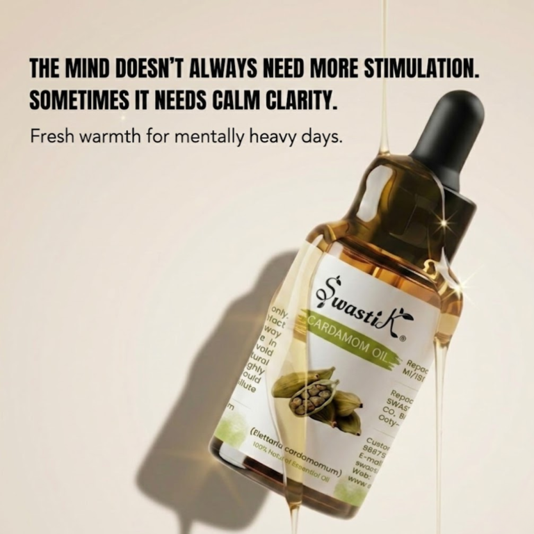 Discover Swastik Cardamom Essential Oil for calm clarity, grounding comfort, and mentally refreshing wellness routines.