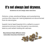 Botanical skincare educational creative explaining how stress, pollution, and fatigue affect skin softness and radiance using carrot seed essential oil.