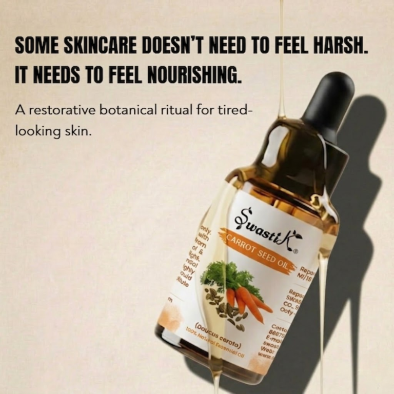 Premium Swastik Carrot Seed Essential Oil bottle styled in luxury botanical skincare aesthetics for skin rejuvenation, nourishment, and restorative beauty rituals.