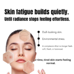 Luxury skincare creative highlighting dull-looking skin, environmental stress, and restorative carrot seed essential oil rituals for radiant-looking skin wellness.