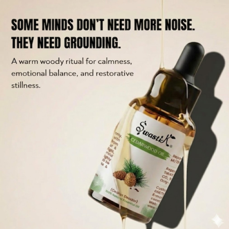 Premium Swastik Cedarwood Essential Oil bottle styled in luxury woody wellness aesthetics for grounding aromatherapy, emotional balance, and restorative self-care rituals.