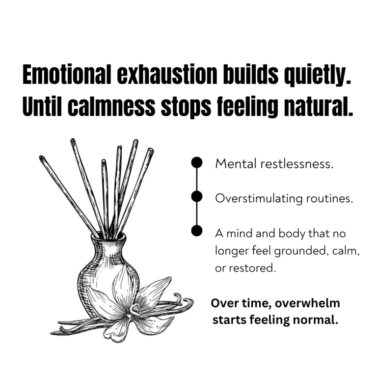 Luxury wellness creative highlighting emotional exhaustion, mental restlessness, and grounding cedarwood essential oil rituals for calmness and emotional restoration.