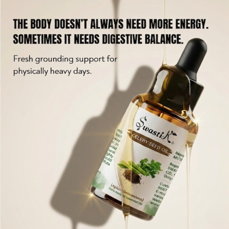 Discover Swastik Celery Seed Essential Oil crafted for digestive wellness, grounding comfort, and physically heavy days with a fresh herbal aroma.