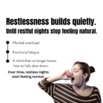 Luxury nighttime wellness creative highlighting mental overload, emotional fatigue, and calming German chamomile essential oil rituals for restful sleep and relaxation.