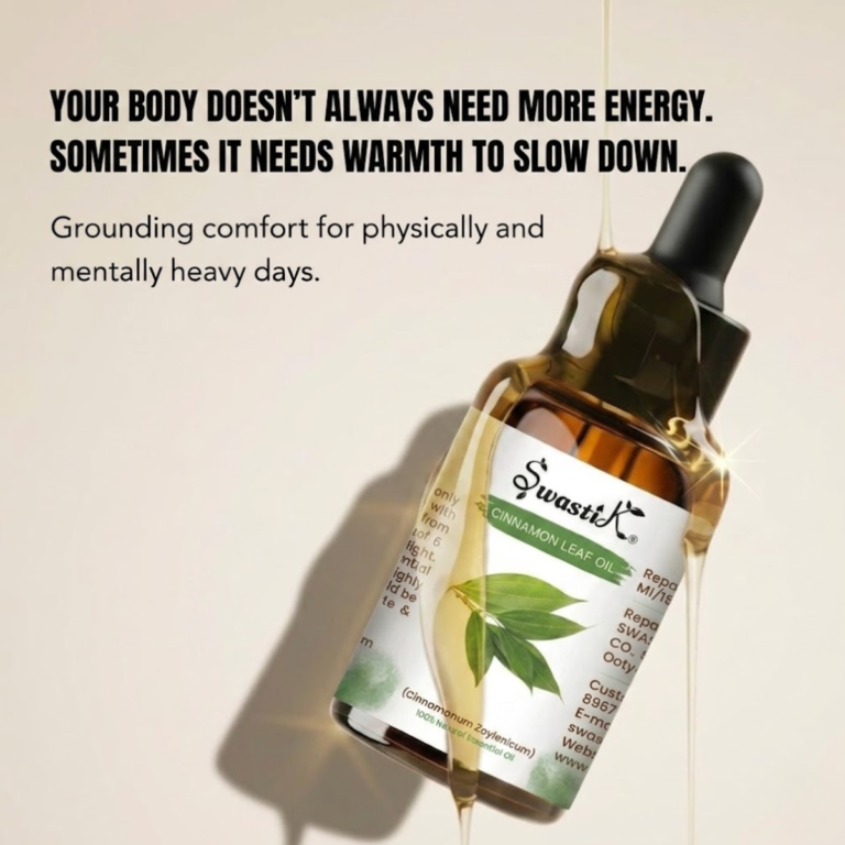 Discover Swastik Cinnamon Leaf Essential Oil for calming wellness routines, grounding warmth, and comforting diffuser use.