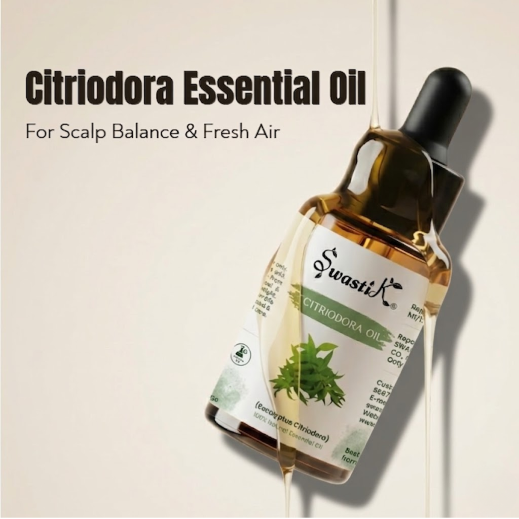 Citriodora essential oil bottle by Swastik for dandruff control and natural air purification