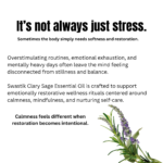 Botanical wellness educational creative explaining how stress, emotional exhaustion, and overstimulation affect calmness and balance using clary sage essential oil.