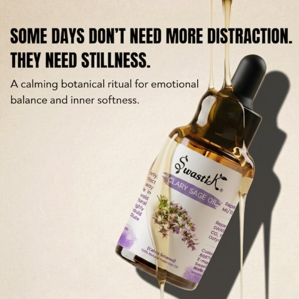Premium Swastik Clary Sage Essential Oil bottle styled in luxury botanical wellness aesthetics for emotional balance, relaxation, and calming self-care rituals.