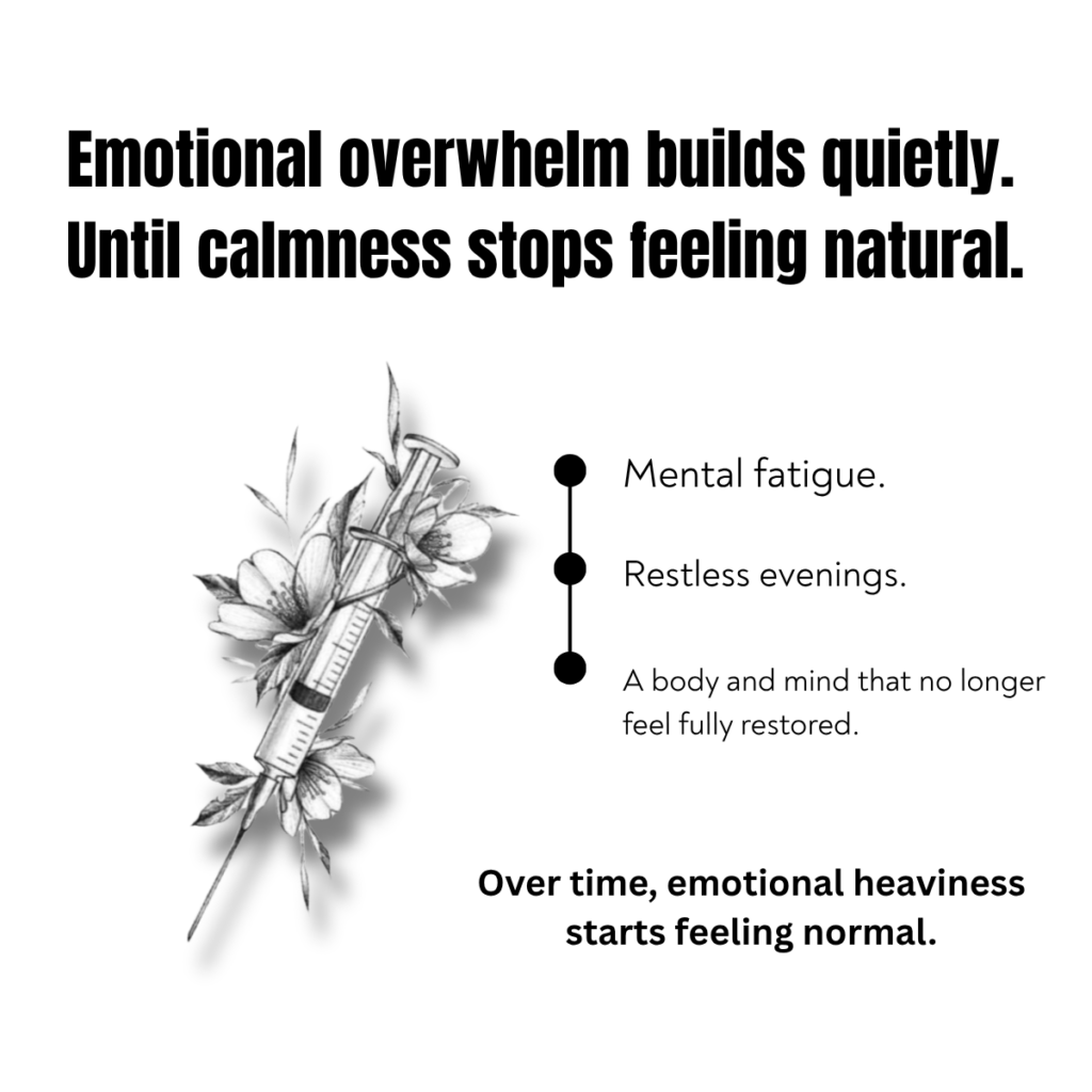 Luxury wellness creative highlighting emotional fatigue, mental overwhelm, and calming clary sage essential oil rituals for relaxation and inner balance.