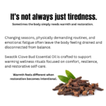 Botanical wellness educational creative explaining how stress, seasonal changes, and physical exhaustion affect comfort and resilience using clove bud essential oil.