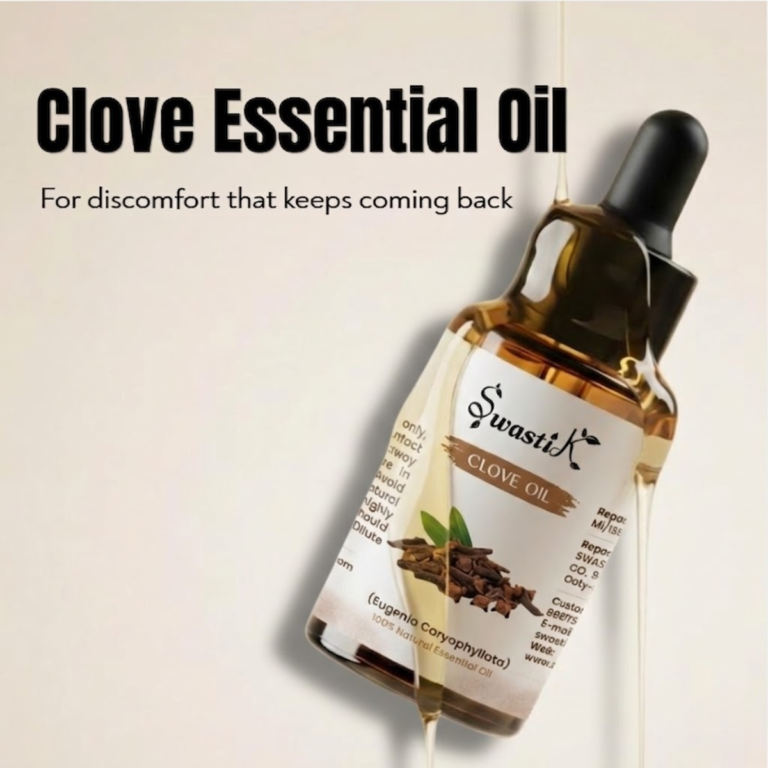 Clove essential oil bottle with warm tones showcasing natural oil for pain relief and oral care