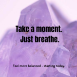 Crystal background with calming message encouraging pause, breathing, and mental balance using crown chakra oil