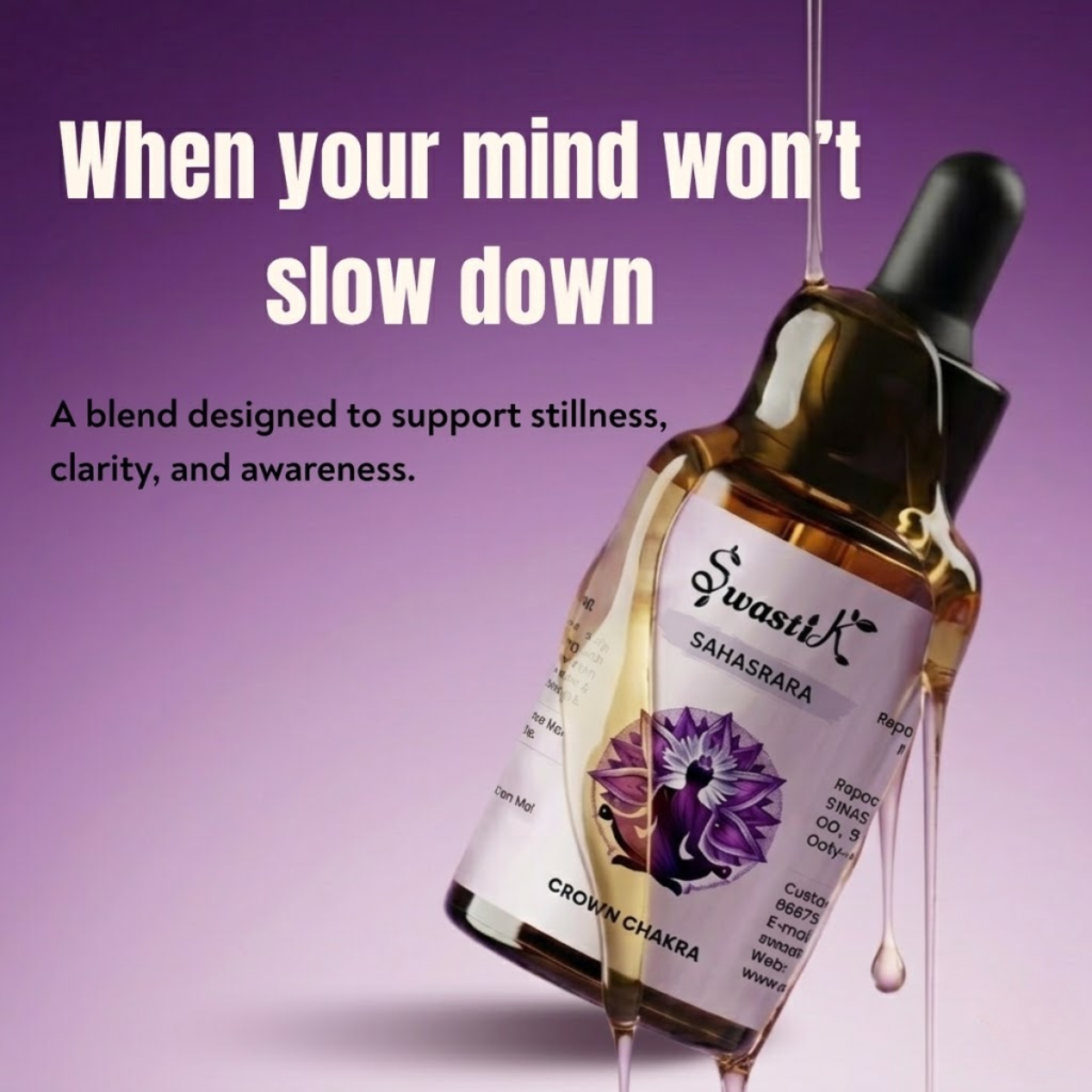 Sahasrara Crown Chakra oil bottle by Swastik with text about calming an overactive mind and supporting mental stillness