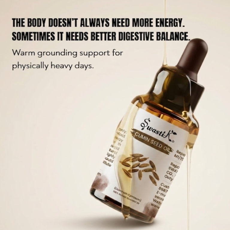 Discover Swastik Cumin Seed Essential Oil with a warm earthy aroma crafted to support digestive wellness, grounding comfort, and physically heavy days.