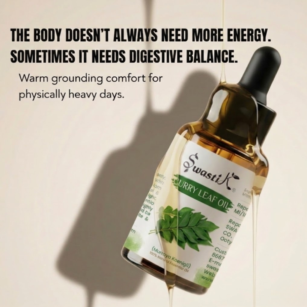 Premium Swastik Curry Leaf Essential Oil bottle with luxury wellness messaging focused on digestive balance, grounding comfort, and physically heavy days.