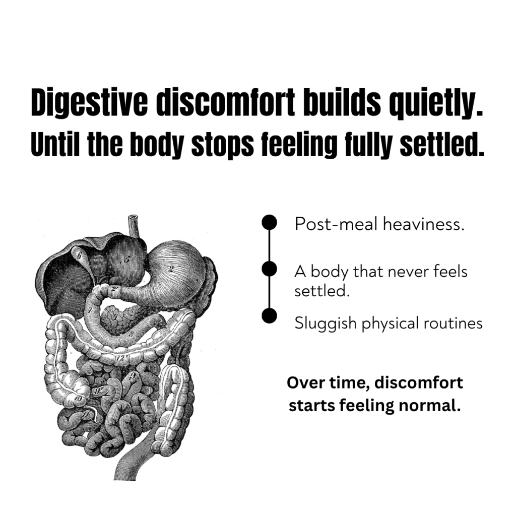 Luxury wellness creative about digestive discomfort, bloating, sluggishness, and physical heaviness with grounding curry leaf essential oil messaging.