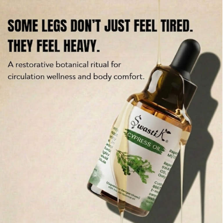 Premium Swastik Cypress Essential Oil bottle styled in luxury botanical wellness aesthetics for restorative massage, tired leg care, and circulation-focused self-care rituals.