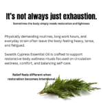 Botanical wellness educational creative explaining how long hours, physical strain, and fatigue affect body comfort and circulation wellness using cypress essential oil.