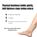 Luxury wellness creative highlighting heavy legs, physical fatigue, and restorative cypress essential oil rituals for comfort and circulation wellness.