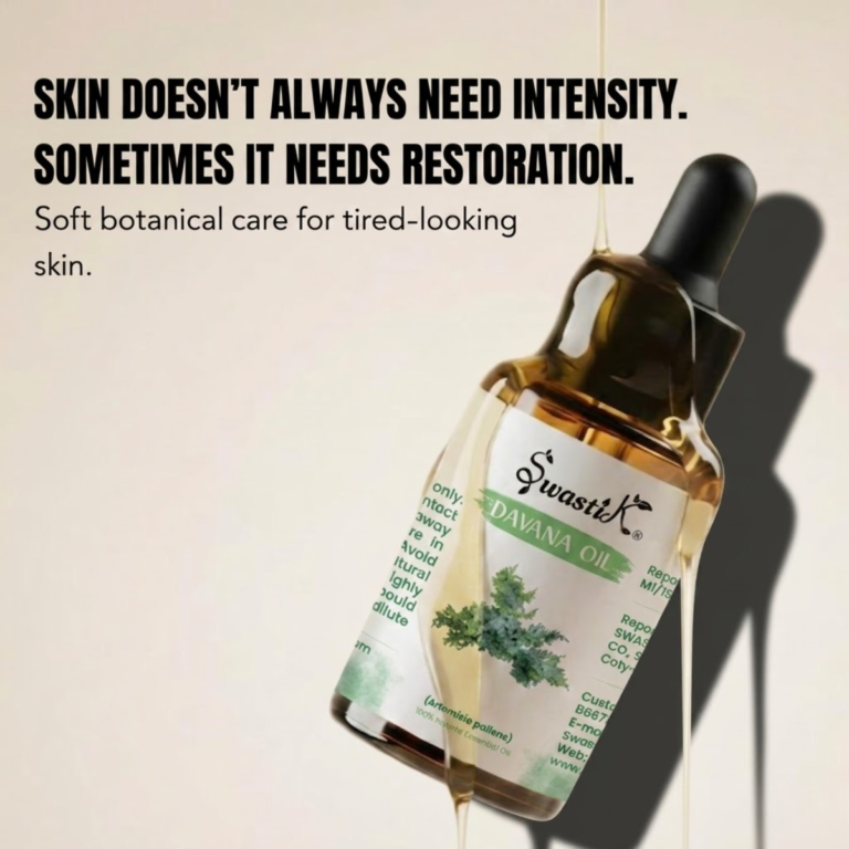 Premium Swastik Davana Essential Oil bottle styled in luxury botanical skincare aesthetics for skin rejuvenation, nourishment, and restorative self-care rituals.
