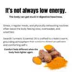 Educational wellness slide explaining digestive heaviness, irregular meals, body imbalance, and grounding self-care using turmeric essential oil.