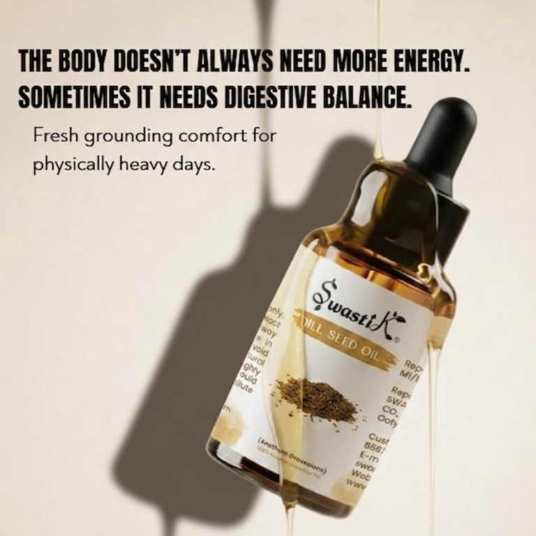 Premium Swastik Dill Seed Essential Oil bottle with luxury wellness messaging focused on digestive balance, grounding comfort, and physically heavy days.