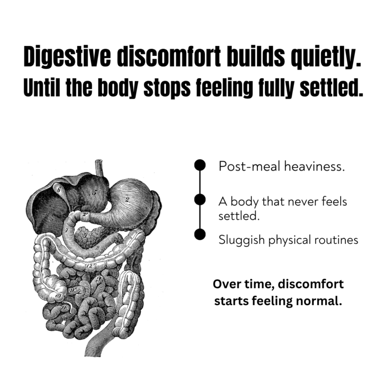 Luxury wellness creative about digestive discomfort, bloating, sluggishness, and physical heaviness with grounding dill seed essential oil messaging.