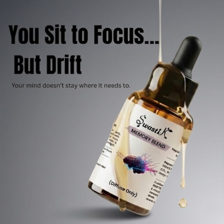 memory blend essential oil bottle for focus and concentration showing productivity and mental clarity support