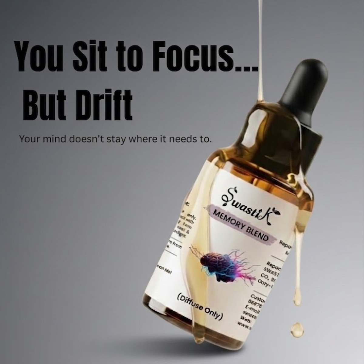 Essential Oil for Focus & Concentration Memory Blend by Swastik memory blend essential oil bottle for focus and concentration showing productivity and mental clarity support