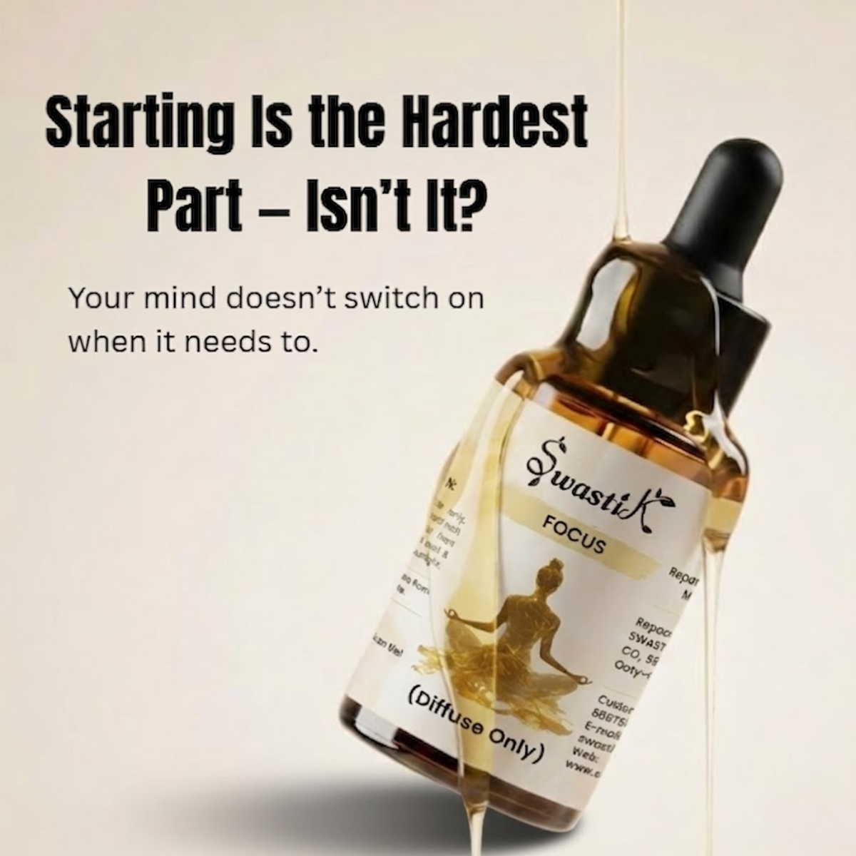 Essential Oil for Focus & Productivity Start Work Faster Naturally focus essential oil bottle showing productivity concept for starting work faster and improving concentration