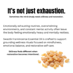 Botanical wellness educational creative explaining how stress, overstimulation, and emotional fatigue affect calmness and balance using frankincense essential oil.
