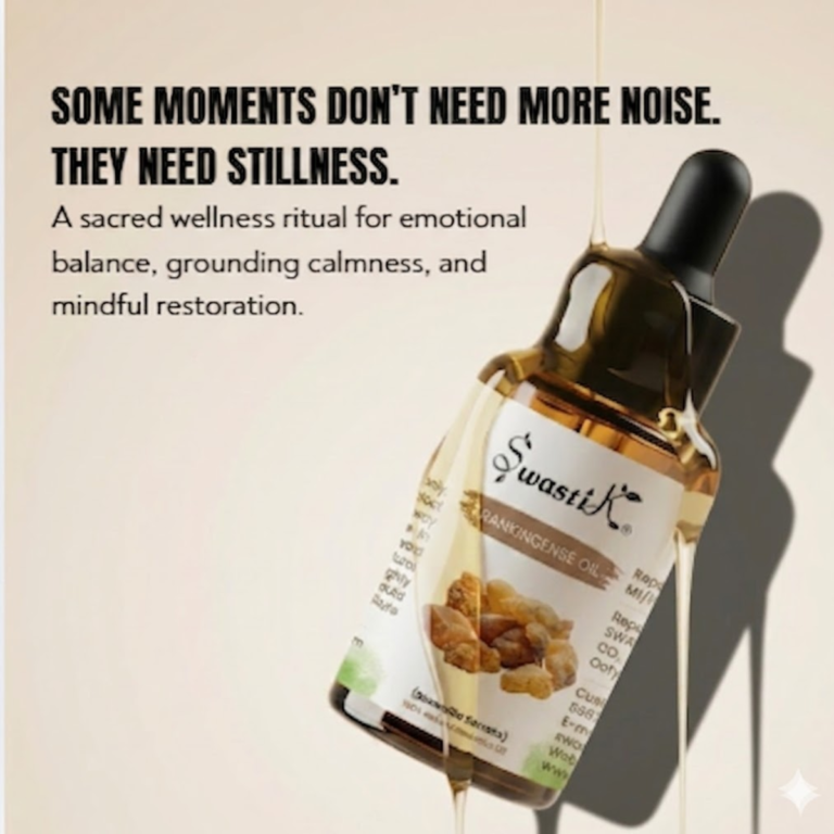 Premium Swastik Frankincense Essential Oil bottle styled in luxury wellness aesthetics for grounding aromatherapy, mindful self-care, and restorative skincare rituals.