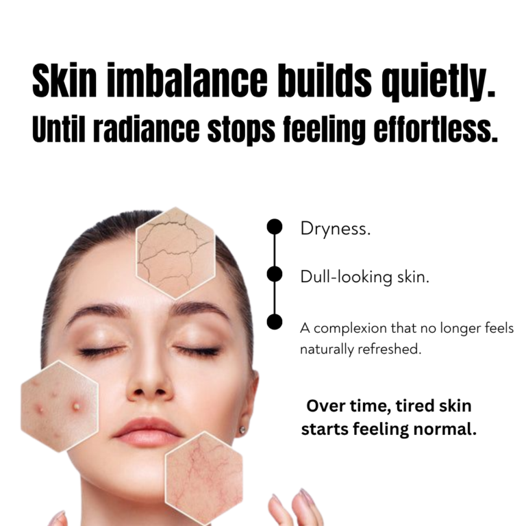 Luxury skincare creative showing dull-looking and dry skin concerns with botanical geranium oil wellness messaging focused on skin balance and radiance.